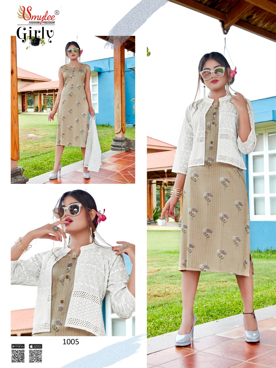 Smylee Fashion Girly Rayon Print Kurtis With Jacket Wholesaler Surat