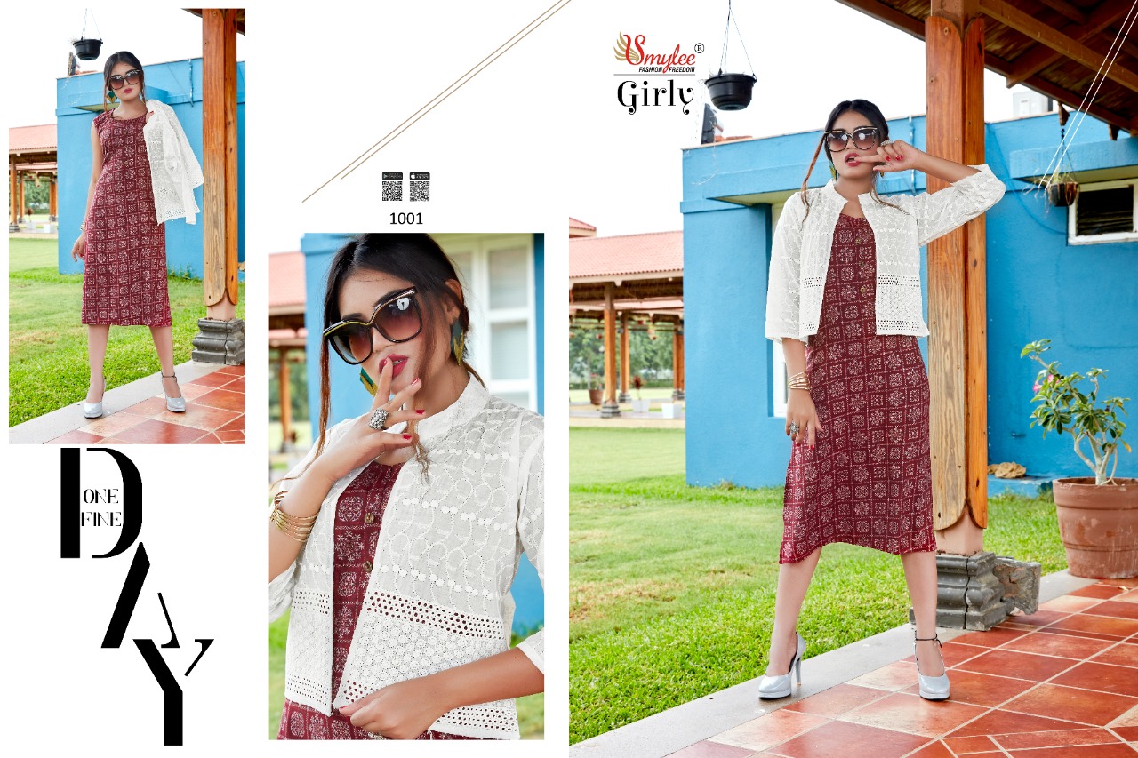 Smylee Fashion Girly Rayon Print Kurtis With Jacket Wholesaler Surat