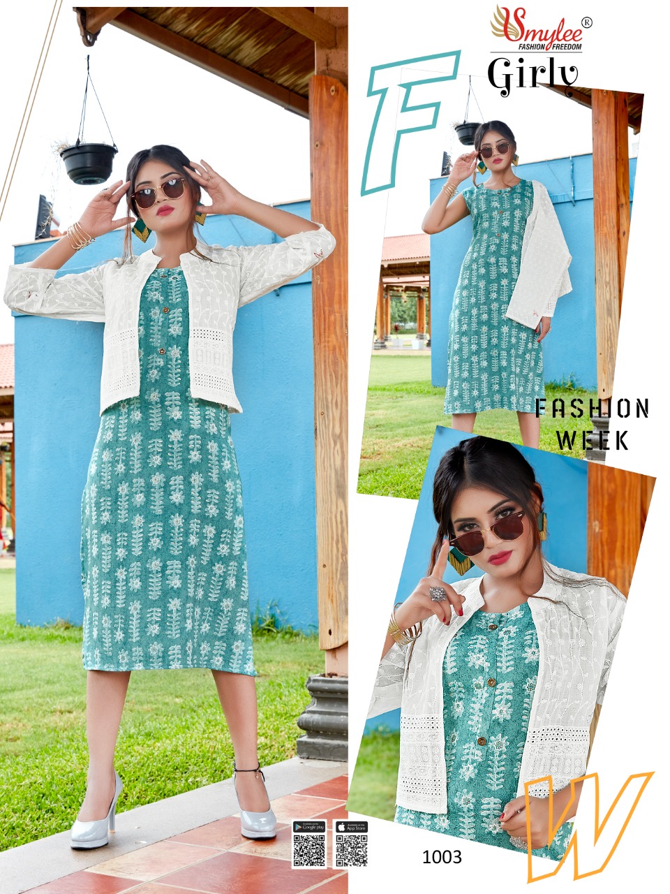 Smylee Fashion Girly Rayon Print Kurtis With Jacket Wholesaler Surat