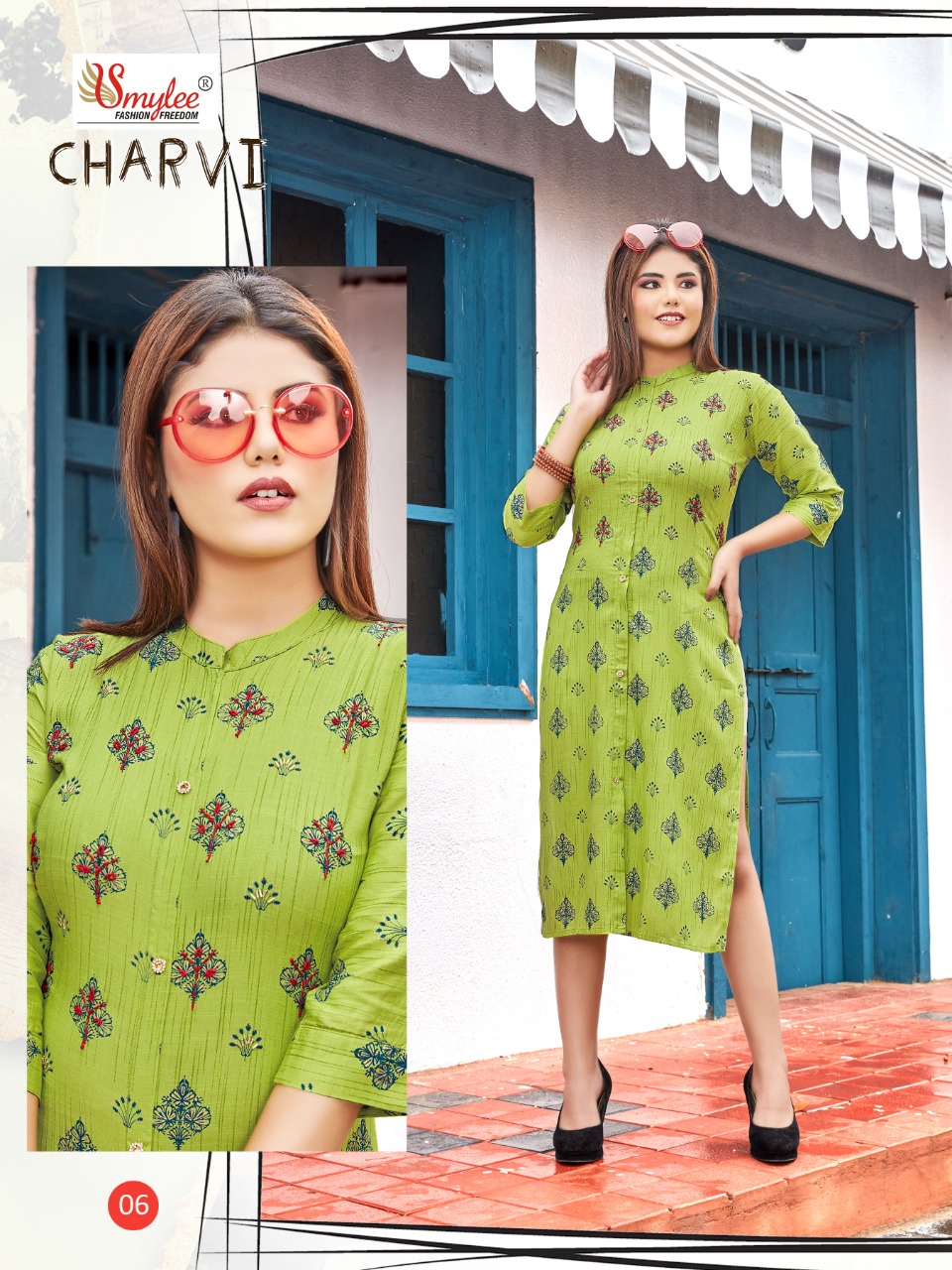 Smylee Fashion Charvi Rayon Slub With Embroidery Designer Fancy Stylish Ready Made Kurtis Wholesaler Surat