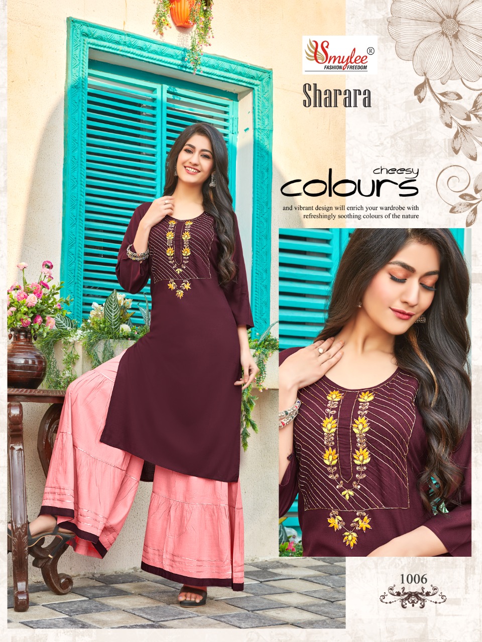 Smylee Fashion Sharara Rayon With Embroidered And Hand Work Stylish Party Wear Kurtis With Sharara Style Bottom Wholesaler Surat