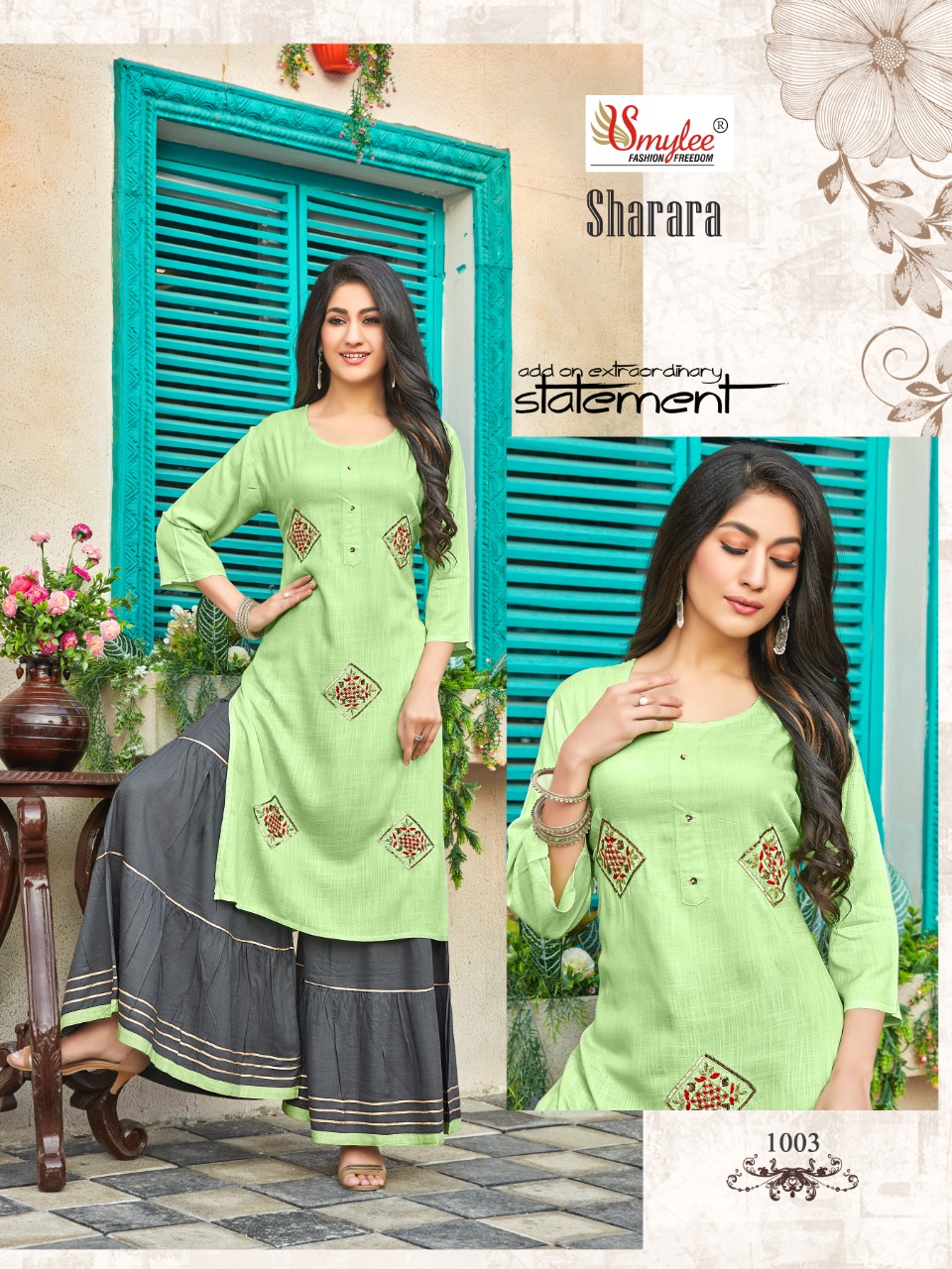 Smylee Fashion Sharara Rayon With Embroidered And Hand Work Stylish Party Wear Kurtis With Sharara Style Bottom Wholesaler Surat