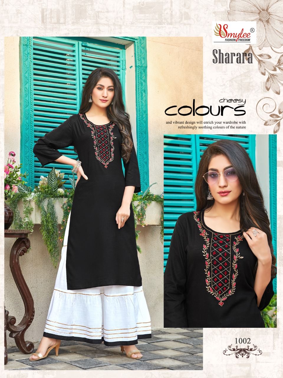 Smylee Fashion Sharara Rayon With Embroidered And Hand Work Stylish Party Wear Kurtis With Sharara Style Bottom Wholesaler Surat