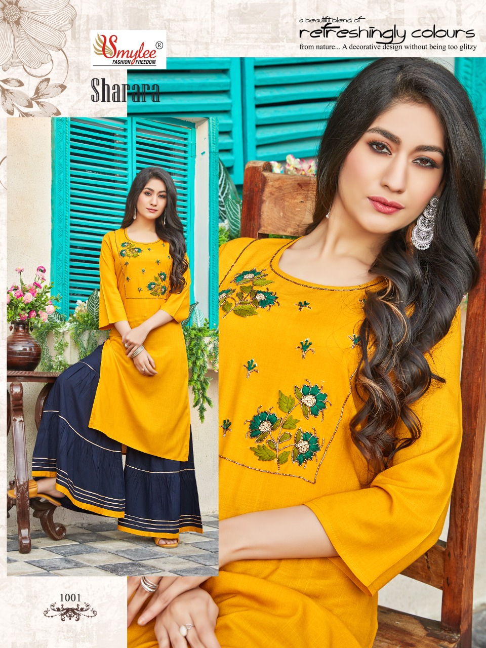 Smylee Fashion Sharara Rayon With Embroidered And Hand Work Stylish Party Wear Kurtis With Sharara Style Bottom Wholesaler Surat