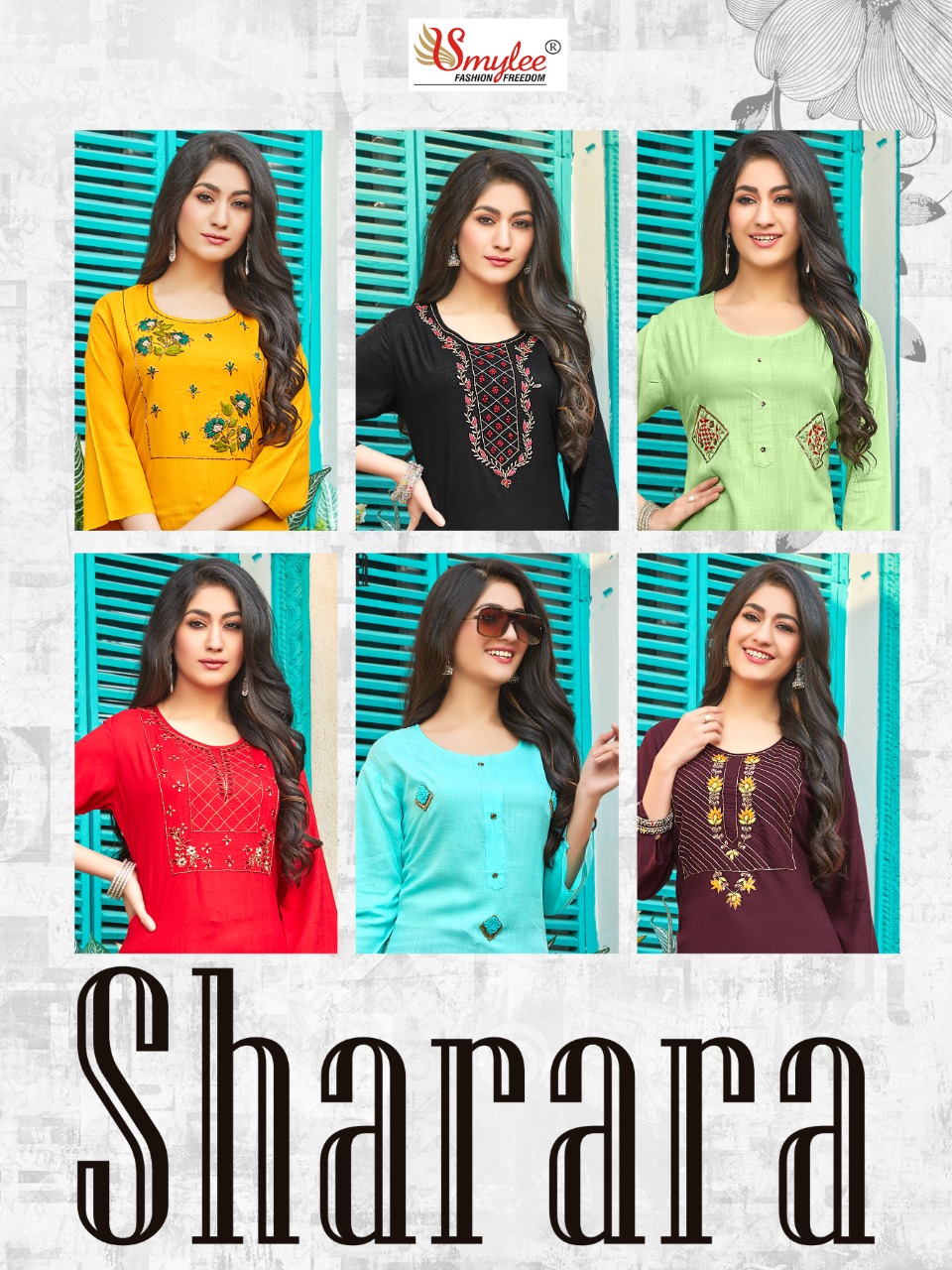 Smylee Fashion Sharara Rayon With Embroidered And Hand Work Stylish Party Wear Kurtis With Sharara Style Bottom Wholesaler Surat