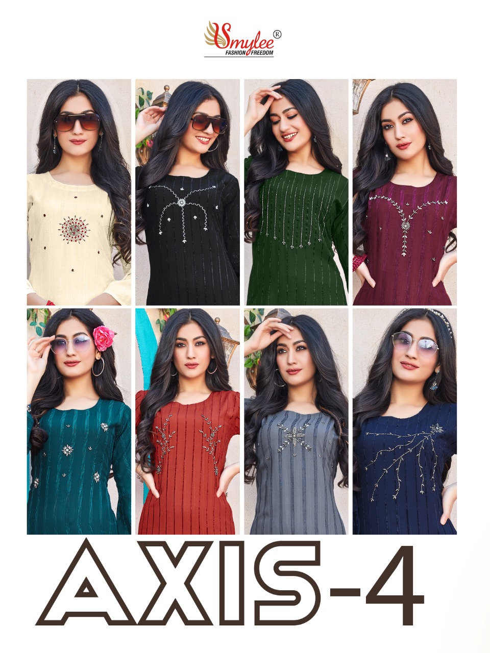 Smylee Fashion Axis Vol 4 Bombay Valvet Linning With Neck Embroidery Designer Fancy Kurtis Wholesaler Surat