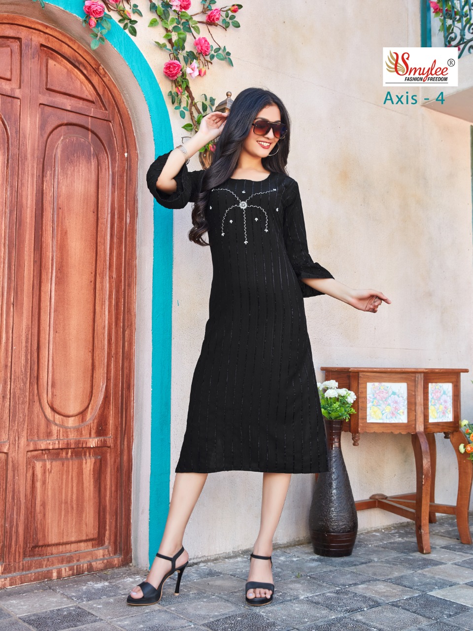 Smylee Fashion Axis Vol 4 Bombay Valvet Linning With Neck Embroidery Designer Fancy Kurtis Wholesaler Surat