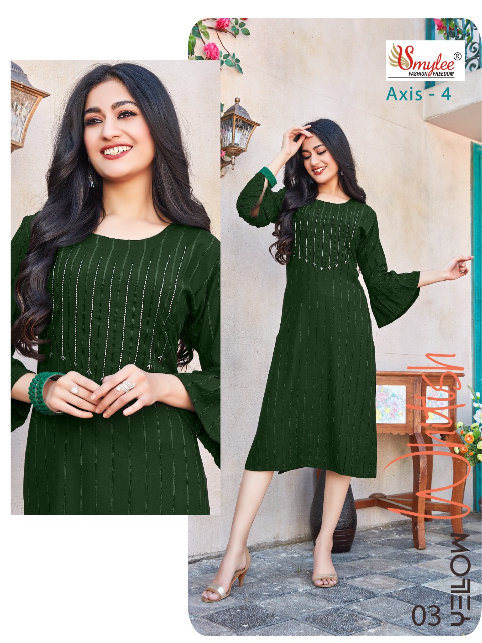 Smylee Fashion Axis Vol 4 Bombay Valvet Linning With Neck Embroidery Designer Fancy Kurtis Wholesaler Surat