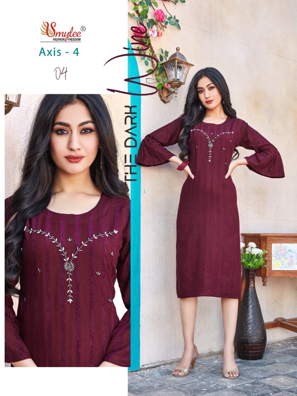 Smylee Fashion Axis Vol 4 Bombay Valvet Linning With Neck Embroidery Designer Fancy Kurtis Wholesaler Surat