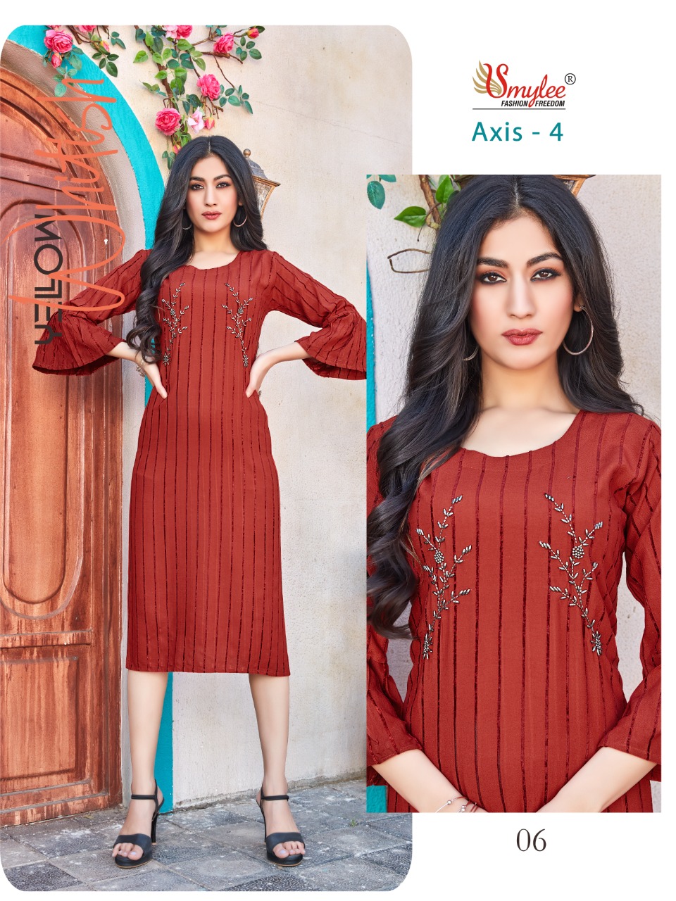 Smylee Fashion Axis Vol 4 Bombay Valvet Linning With Neck Embroidery Designer Fancy Kurtis Wholesaler Surat