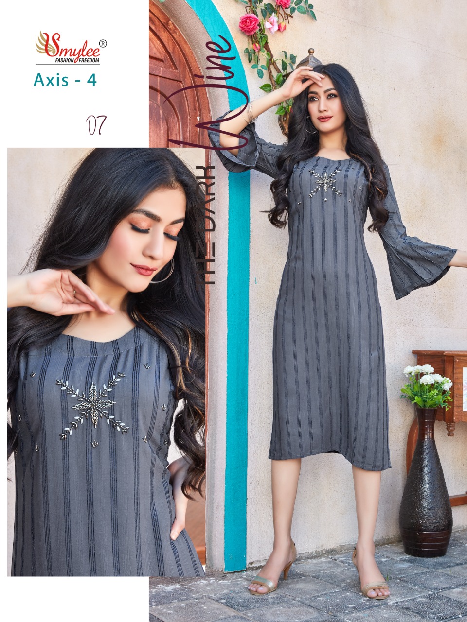 Smylee Fashion Axis Vol 4 Bombay Valvet Linning With Neck Embroidery Designer Fancy Kurtis Wholesaler Surat