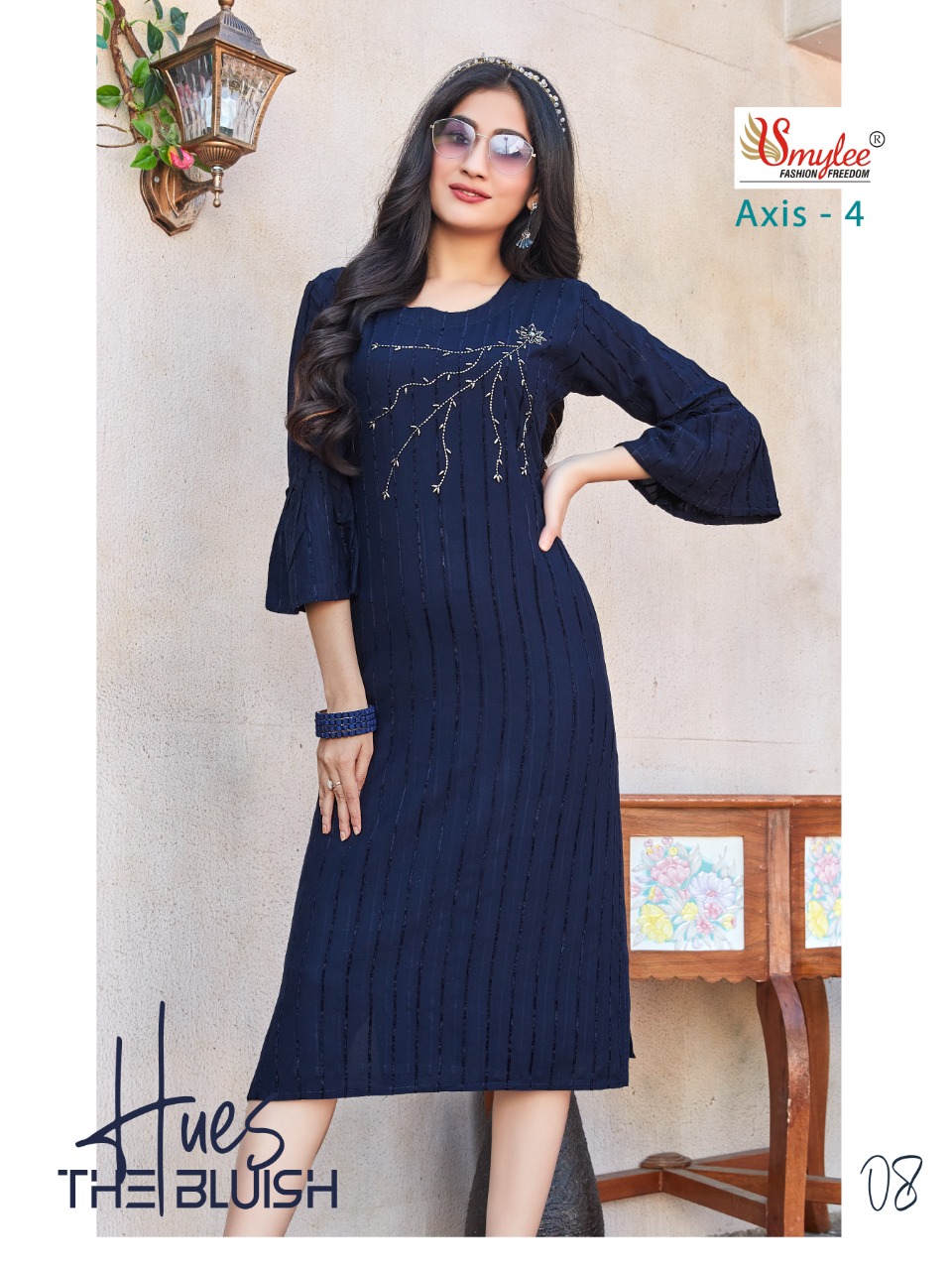 Smylee Fashion Axis Vol 4 Bombay Valvet Linning With Neck Embroidery Designer Fancy Kurtis Wholesaler Surat
