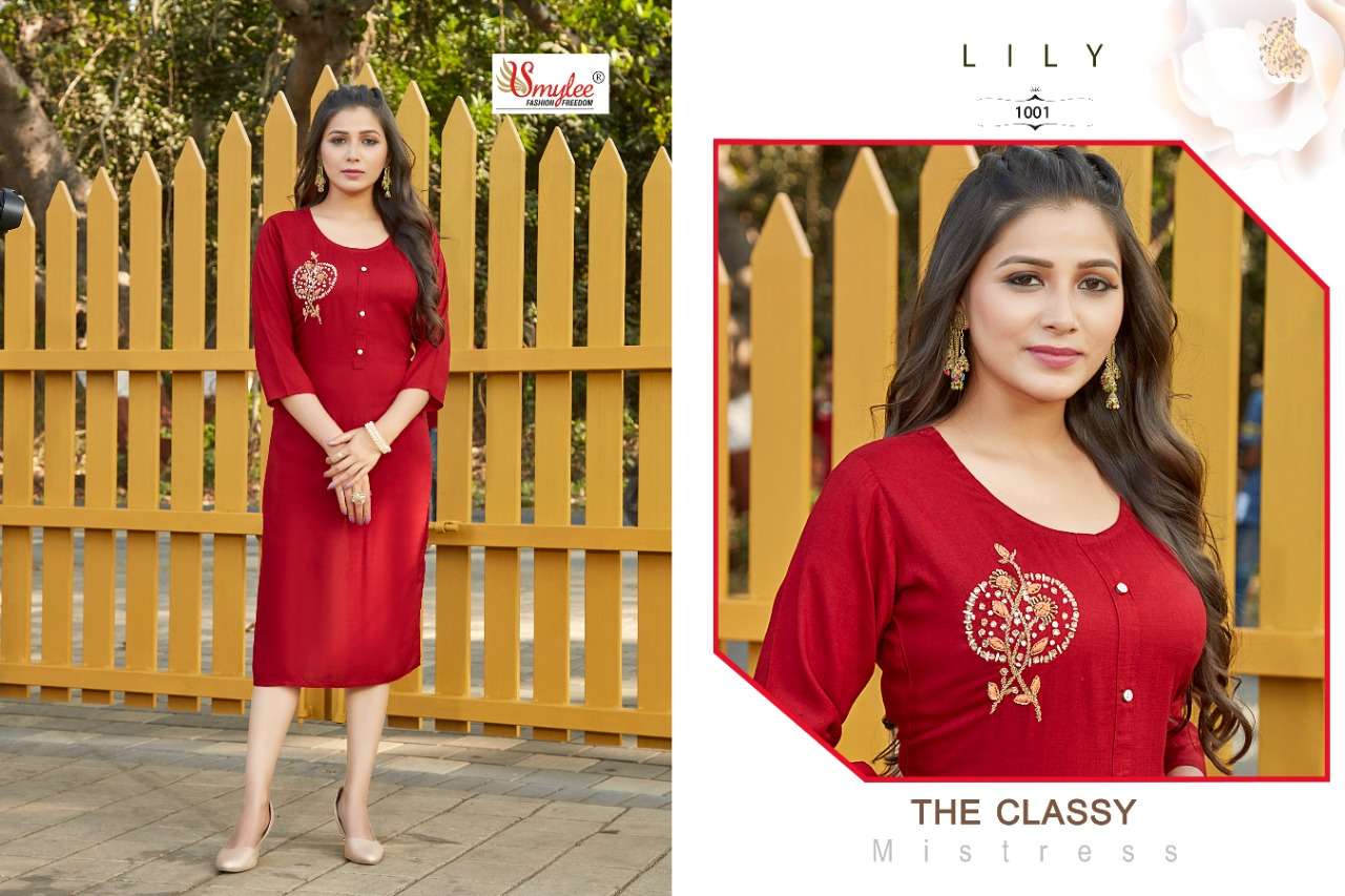 Smylee Fashion Lily Rayon Slub With Hand Work Designer Fancy Causal Wear Kurtis Wholesaler Surat