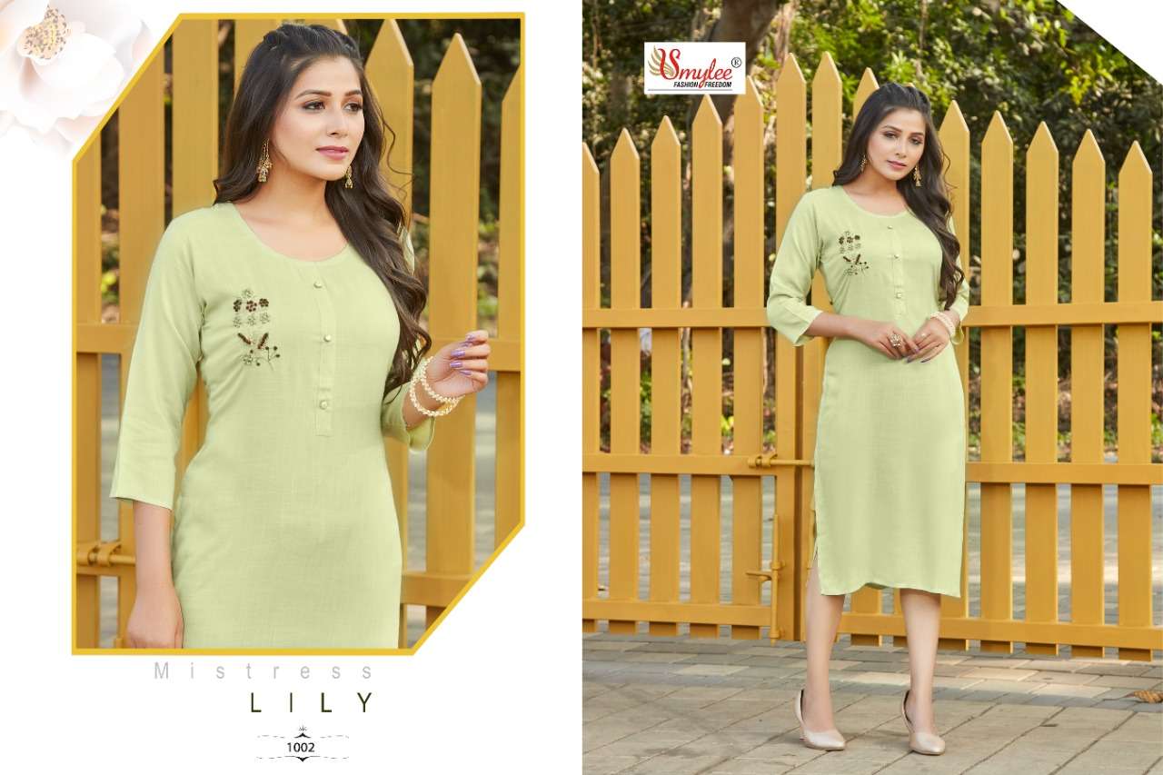 Smylee Fashion Lily Rayon Slub With Hand Work Designer Fancy Causal Wear Kurtis Wholesaler Surat