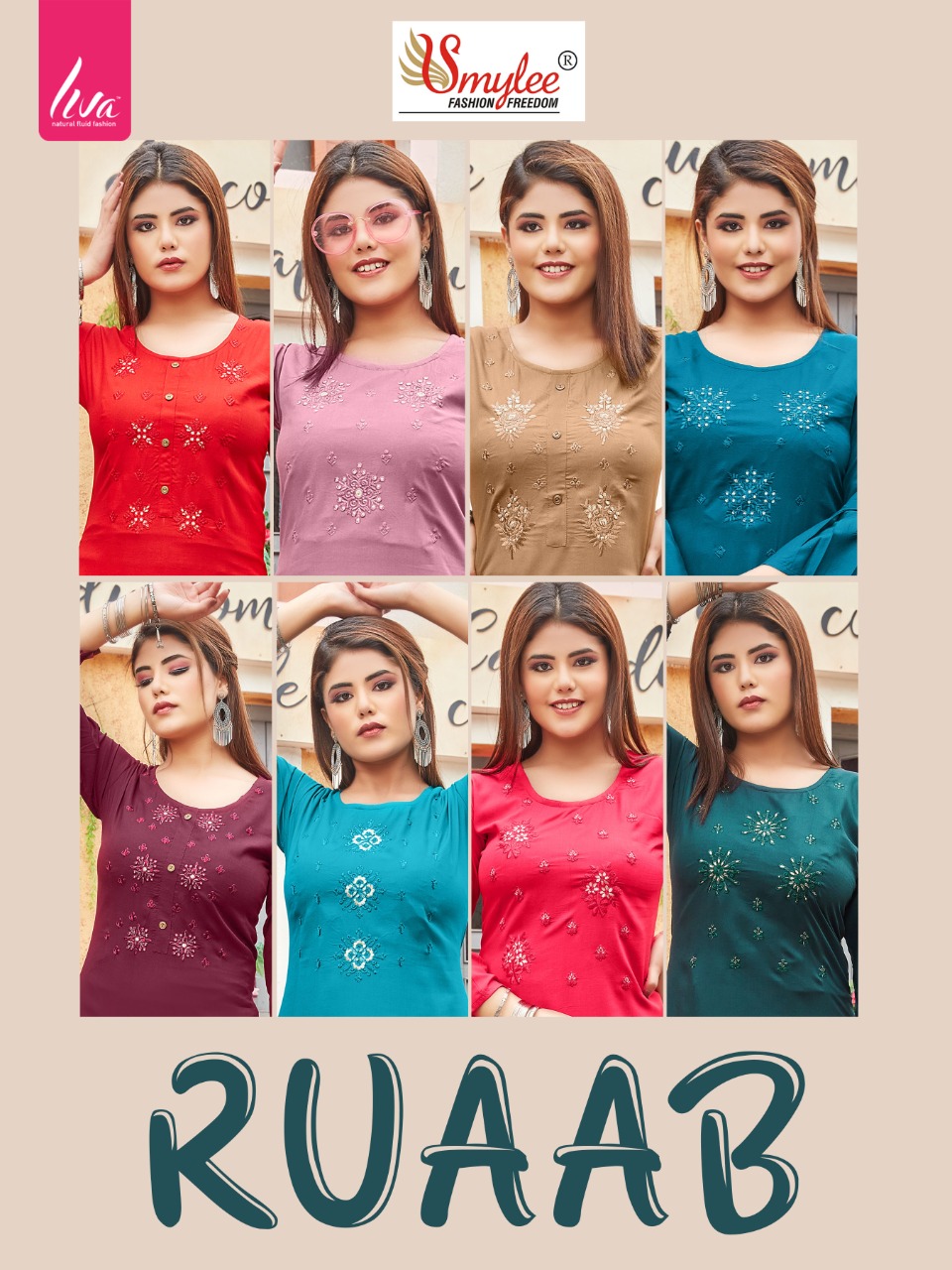 Smylee Fashion Ruaab Rayon Embroidery Designer Stylish Causal Wear Kurtis Wholesaler Surat