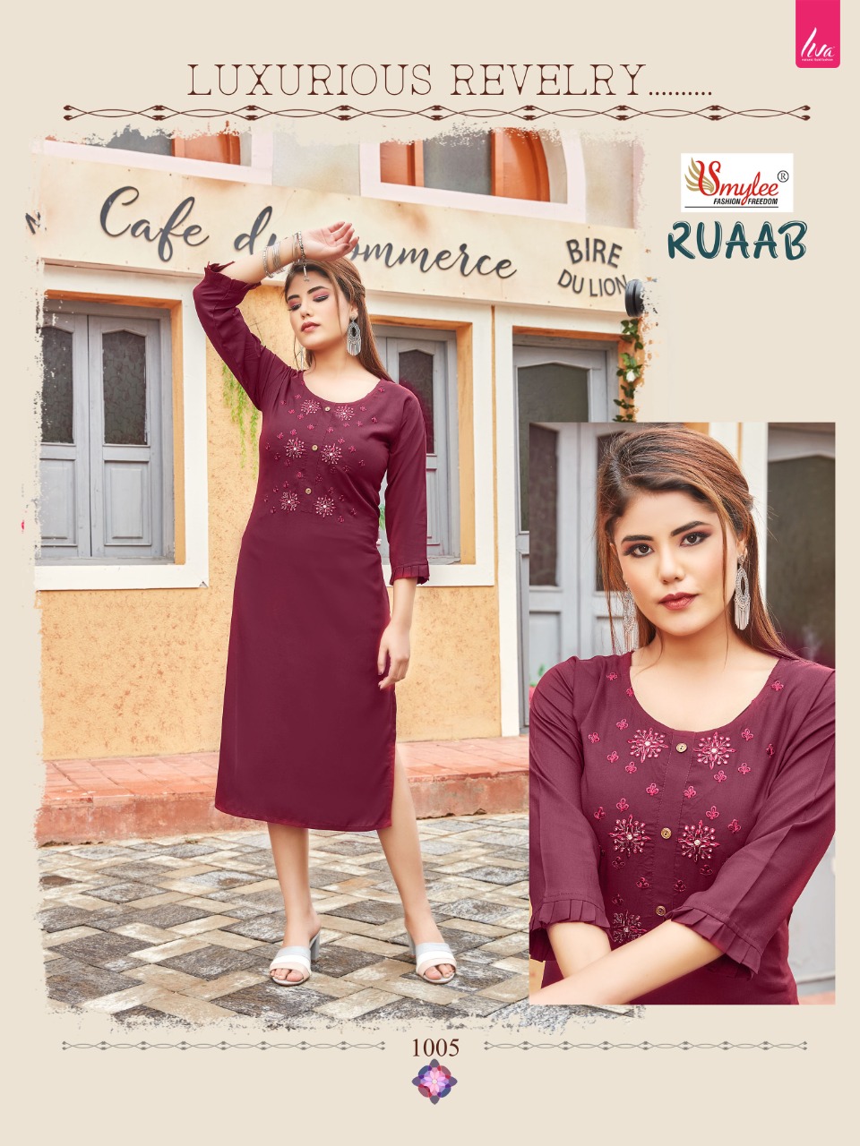 Smylee Fashion Ruaab Rayon Embroidery Designer Stylish Causal Wear Kurtis Wholesaler Surat
