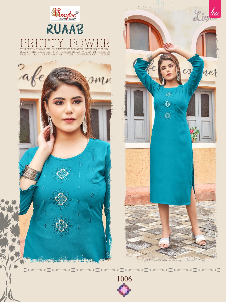 Smylee Fashion Ruaab Rayon Embroidery Designer Stylish Causal Wear Kurtis Wholesaler Surat