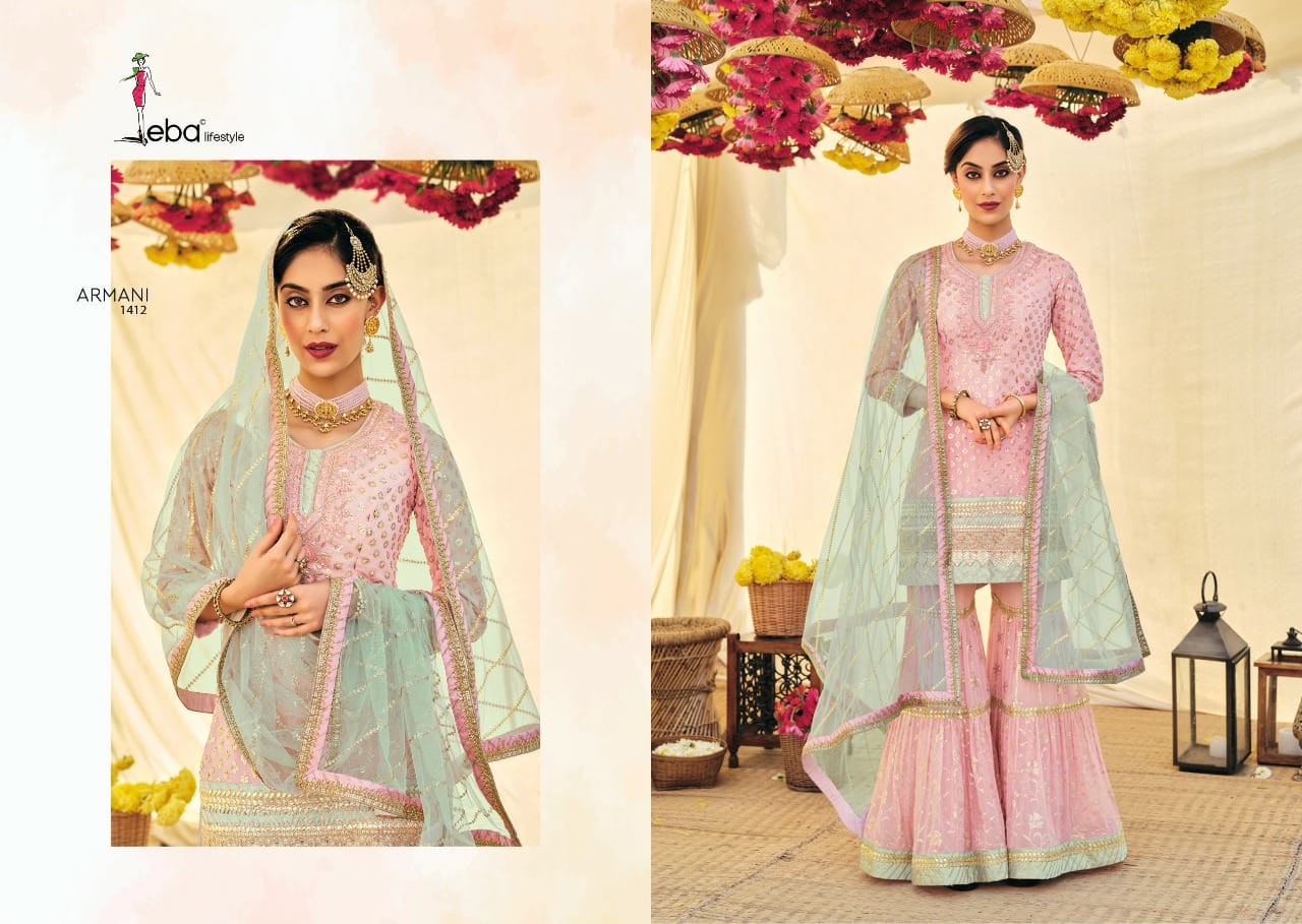 Eba Lifestyle Armani Vol 2 Fox Georgette Heavy Designer Sharara Suits Wholesaler Surat
