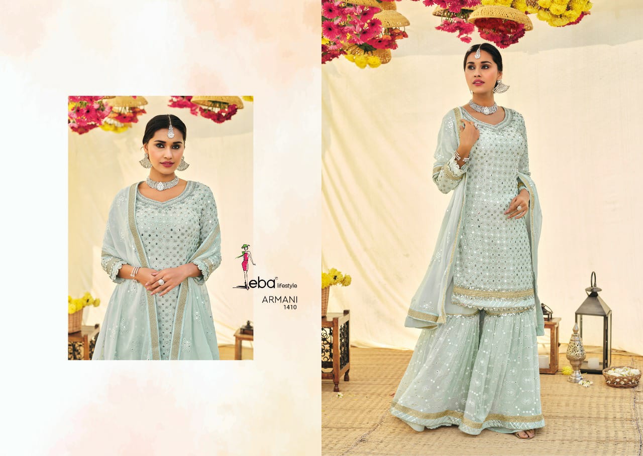Eba Lifestyle Armani Vol 2 Fox Georgette Heavy Designer Sharara Suits Wholesaler Surat