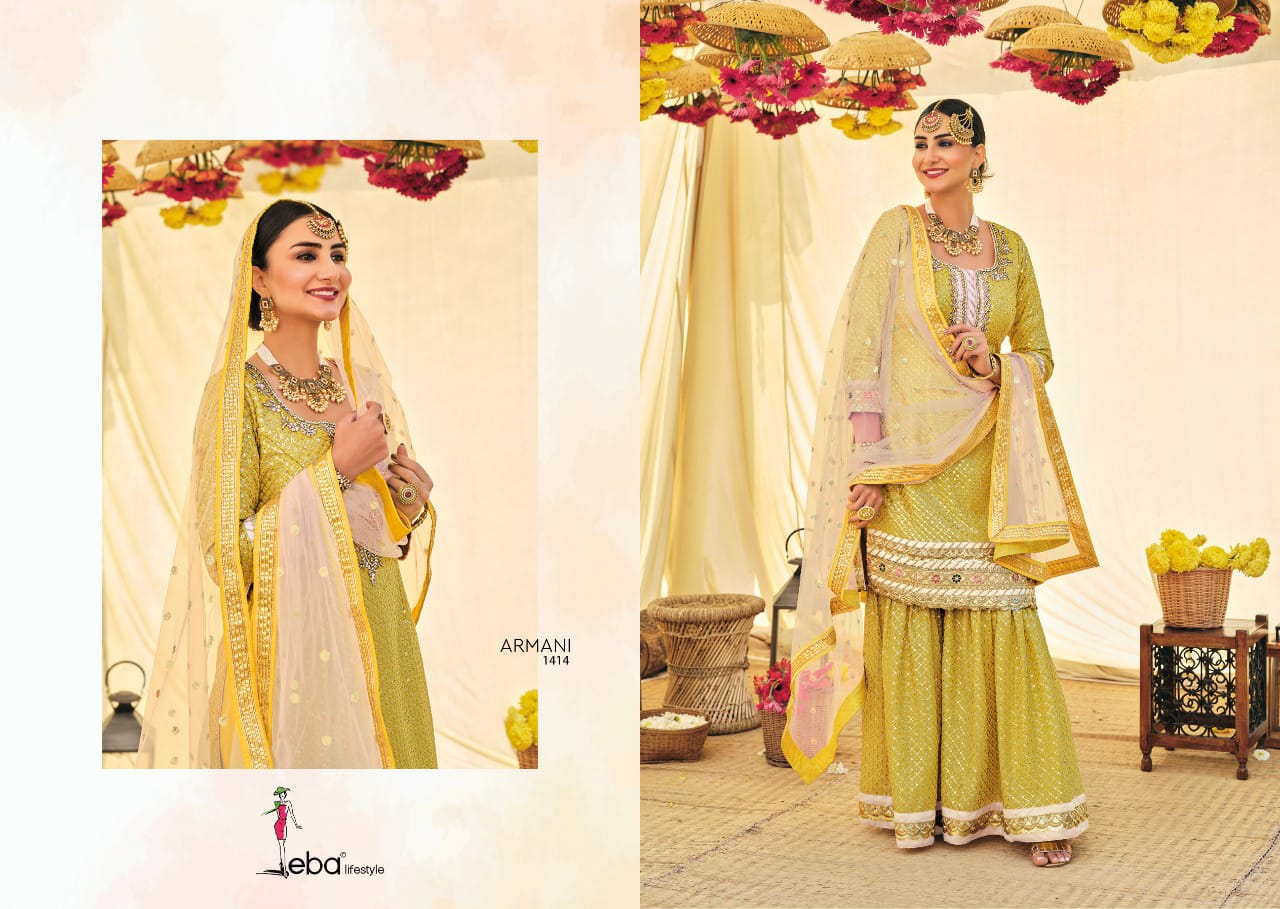 Eba Lifestyle Armani Vol 2 Fox Georgette Heavy Designer Sharara Suits Wholesaler Surat