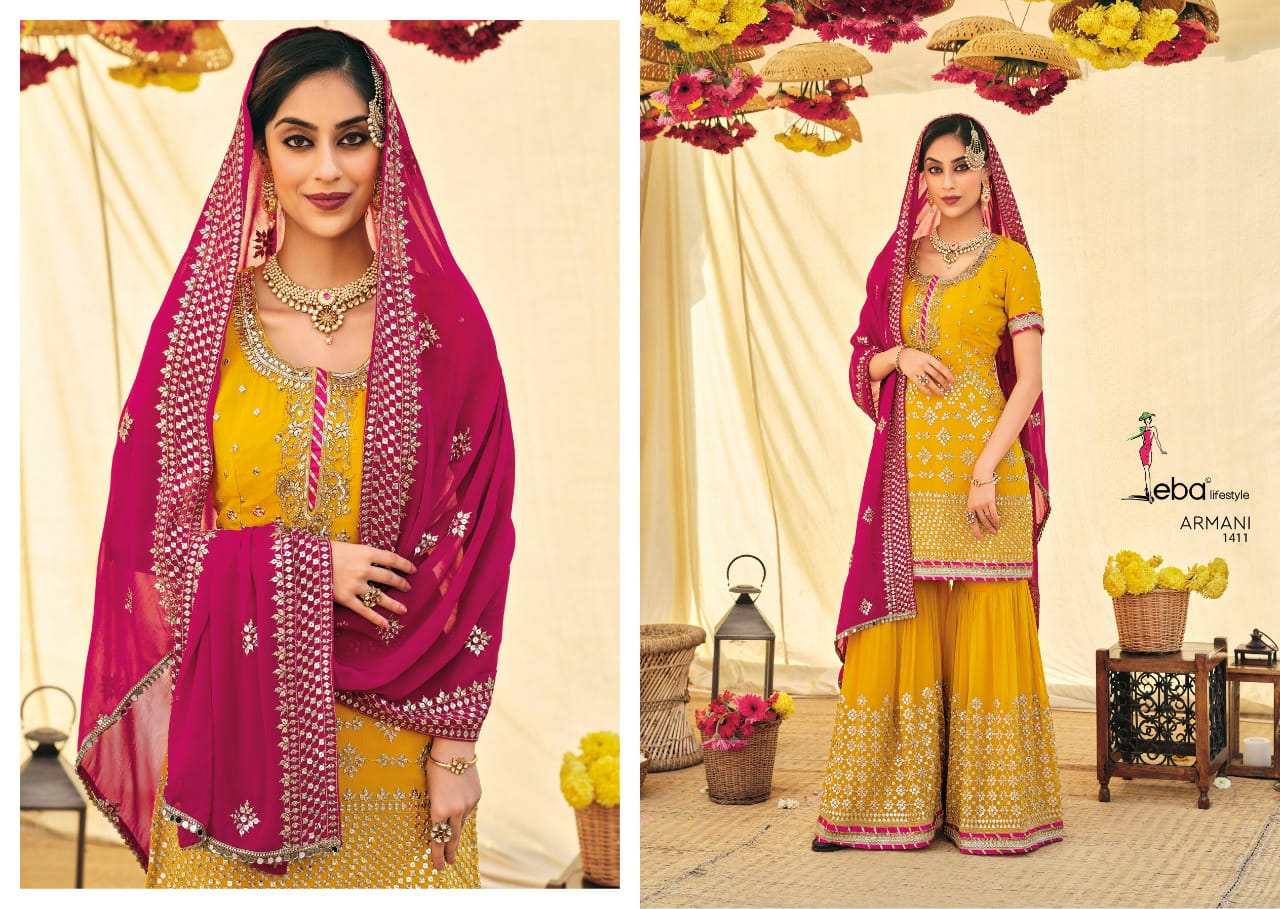 Eba Lifestyle Armani Vol 2 Fox Georgette Heavy Designer Sharara Suits Wholesaler Surat