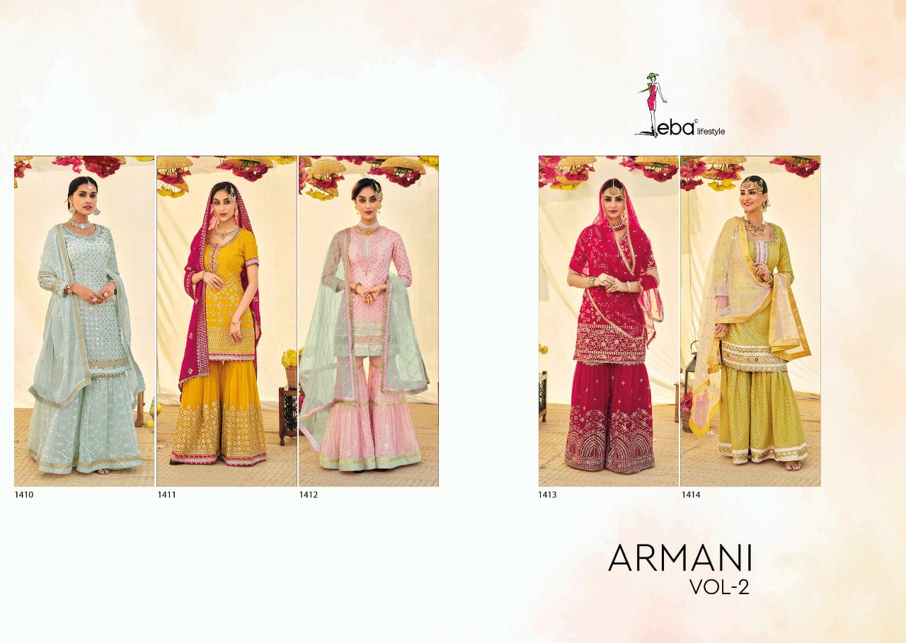 Eba Lifestyle Armani Vol 2 Fox Georgette Heavy Designer Sharara Suits Wholesaler Surat