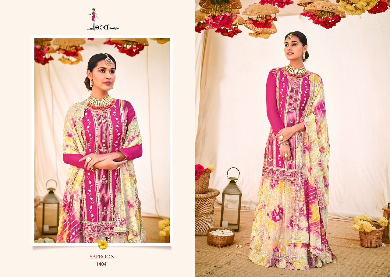 Eba Lifestyle Safroon Georgette Heavy Designer Elegant Suits Wholesaler Surat