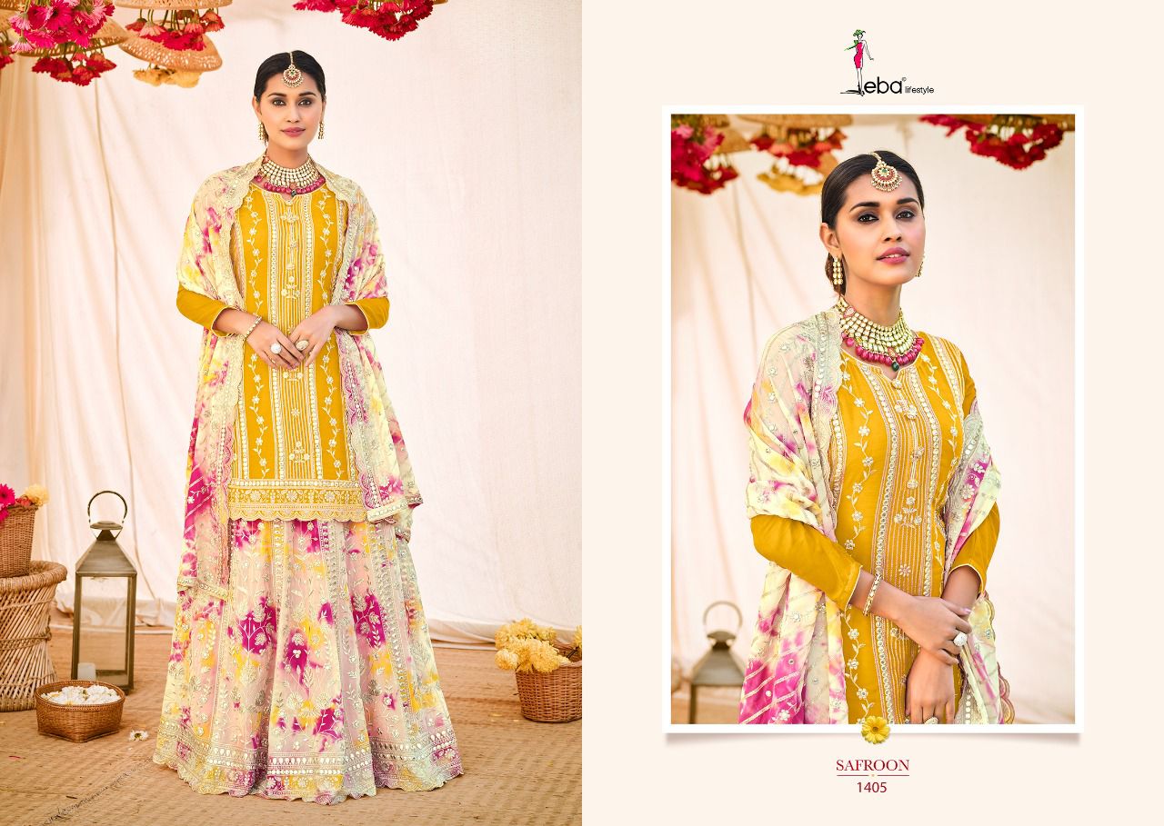 Eba Lifestyle Safroon Georgette Heavy Designer Elegant Suits Wholesaler Surat