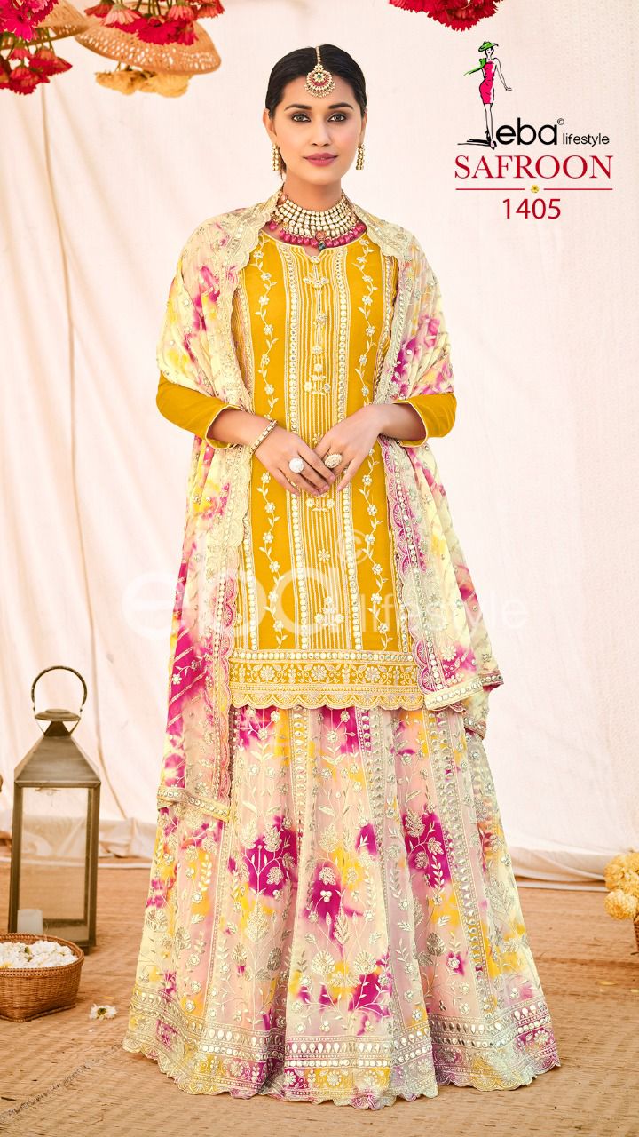 Eba Lifestyle Safroon Georgette Heavy Designer Elegant Suits Wholesaler Surat