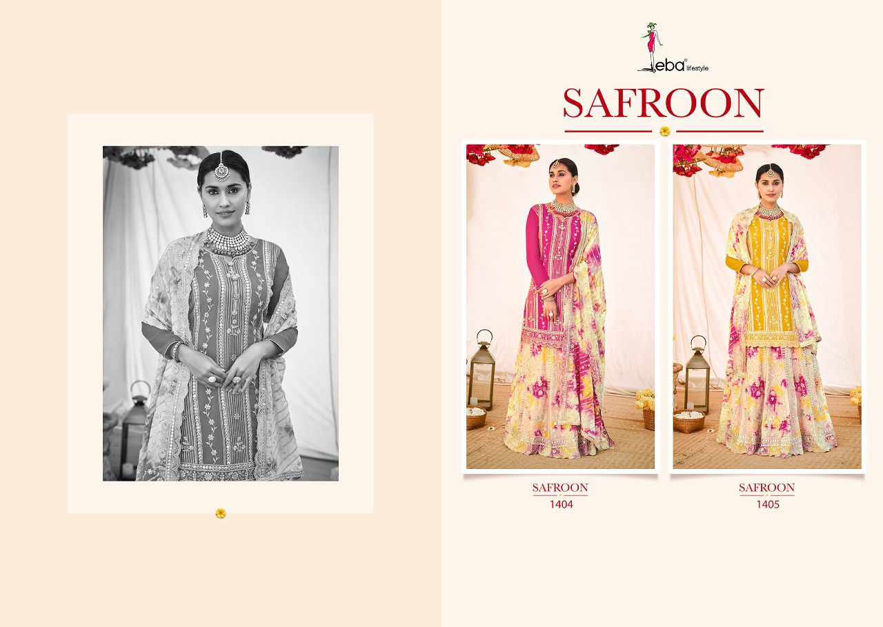 Eba Lifestyle Safroon Georgette Heavy Designer Elegant Suits Wholesaler Surat