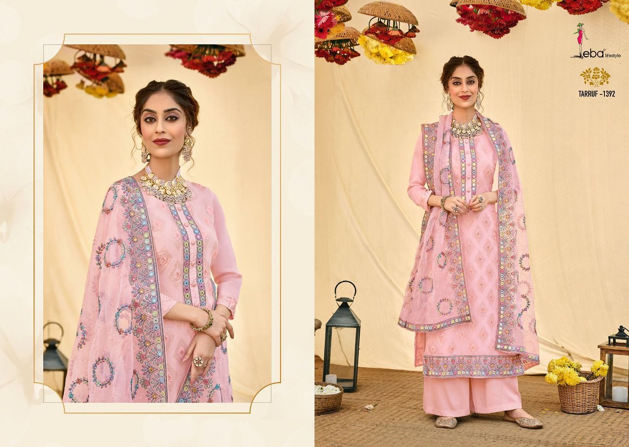 Eba Lifestyle Tarruf Viscose Organza Embroidery Suits Wholesaler Surat