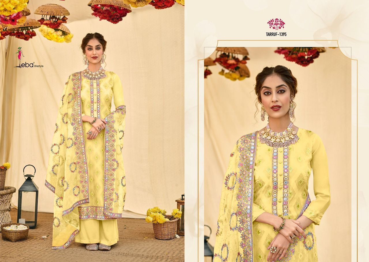 Eba Lifestyle Tarruf Viscose Organza Embroidery Suits Wholesaler Surat