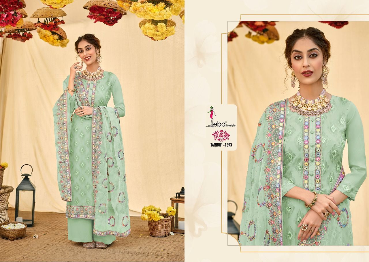 Eba Lifestyle Tarruf Viscose Organza Embroidery Suits Wholesaler Surat