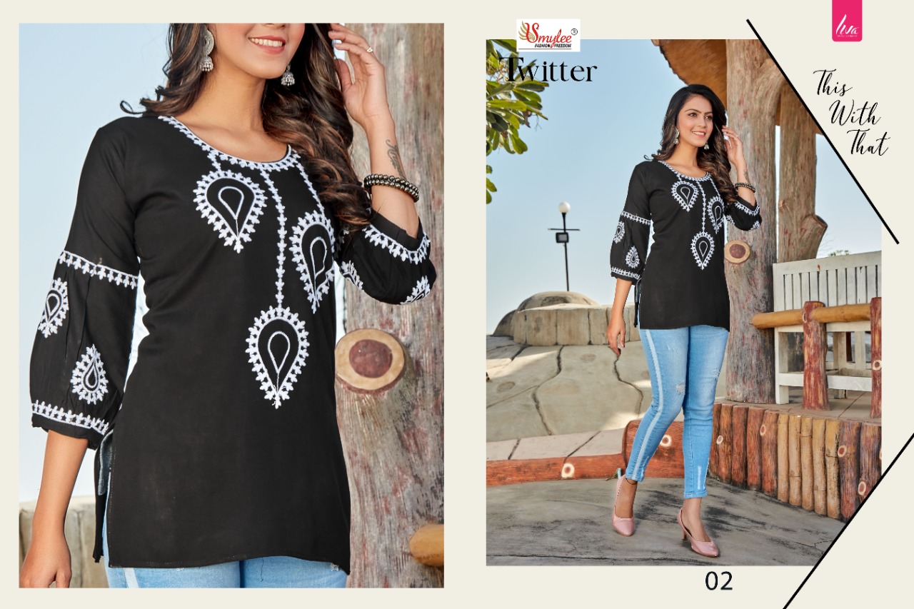 Smylee Fashion Twitter Rayon Fancy Causal Wear Kurtis Wholesaler Surat
