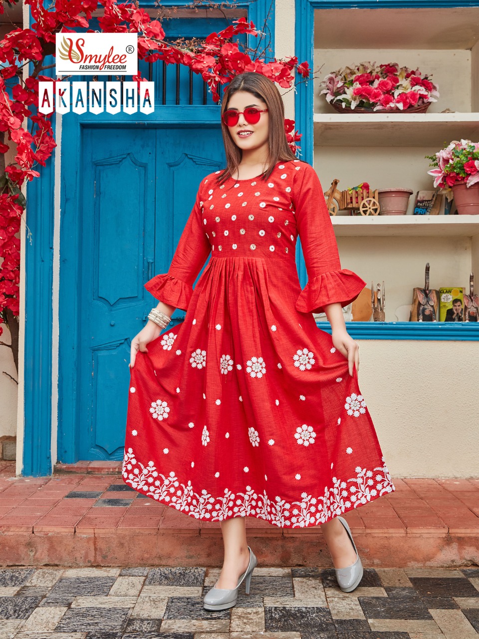 Smylee Fashion Aakansha Rayon Embroidery Designer Gown Style Kurtis Wholesaler Surat