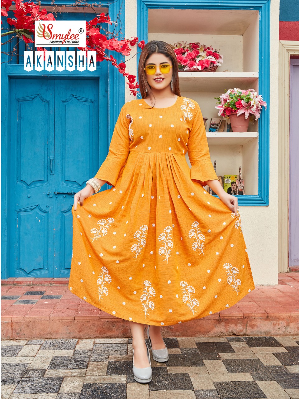 Smylee Fashion Aakansha Rayon Embroidery Designer Gown Style Kurtis Wholesaler Surat
