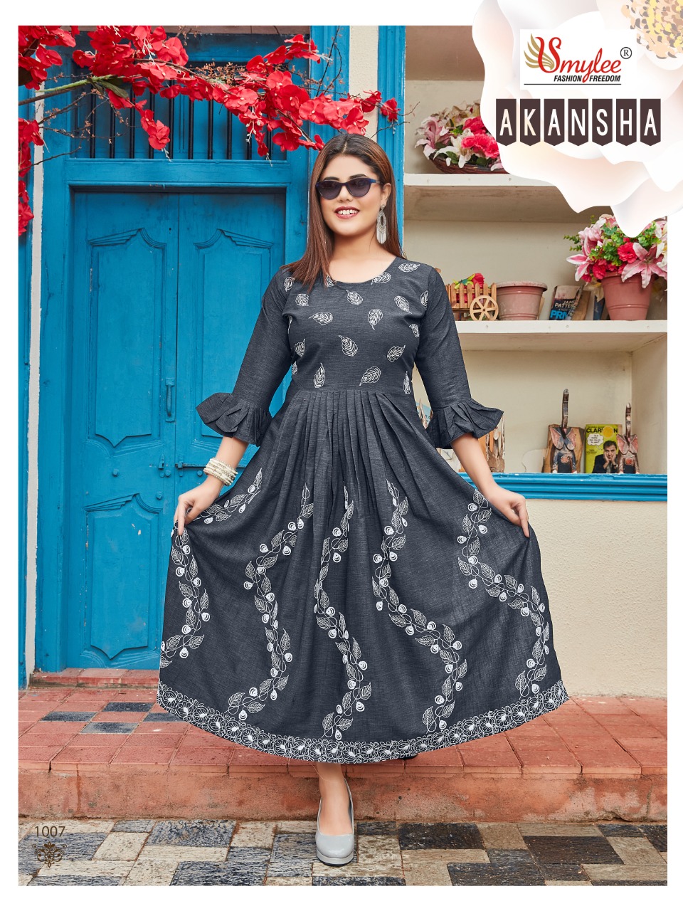 Smylee Fashion Aakansha Rayon Embroidery Designer Gown Style Kurtis Wholesaler Surat