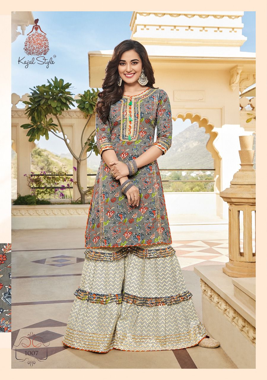 Kajal Style Eliza Vol 1 Cotton Embroidery Kurtis With Sharara Set Wholesaler Surat