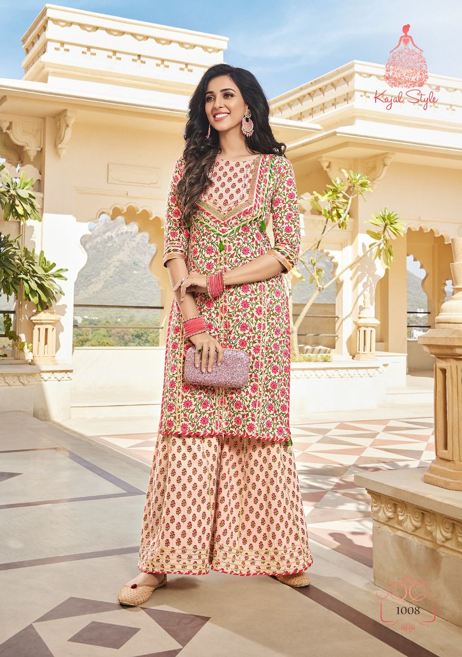 Kajal Style Eliza Vol 1 Cotton Embroidery Kurtis With Sharara Set Wholesaler Surat