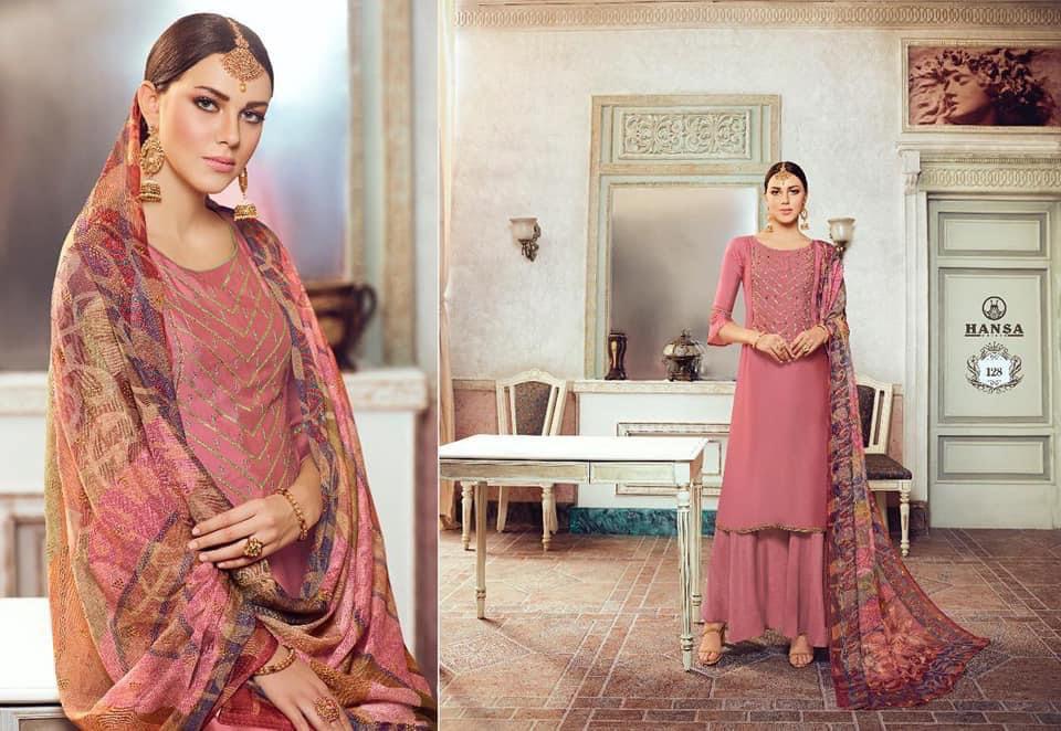 Hansa Prints Husna Ara Satin Georgette Embroidery Salwar Suits Wholesaler Surat