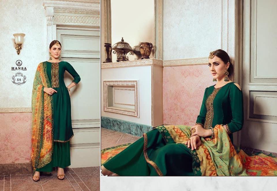 Hansa Prints Husna Ara Satin Georgette Embroidery Salwar Suits Wholesaler Surat