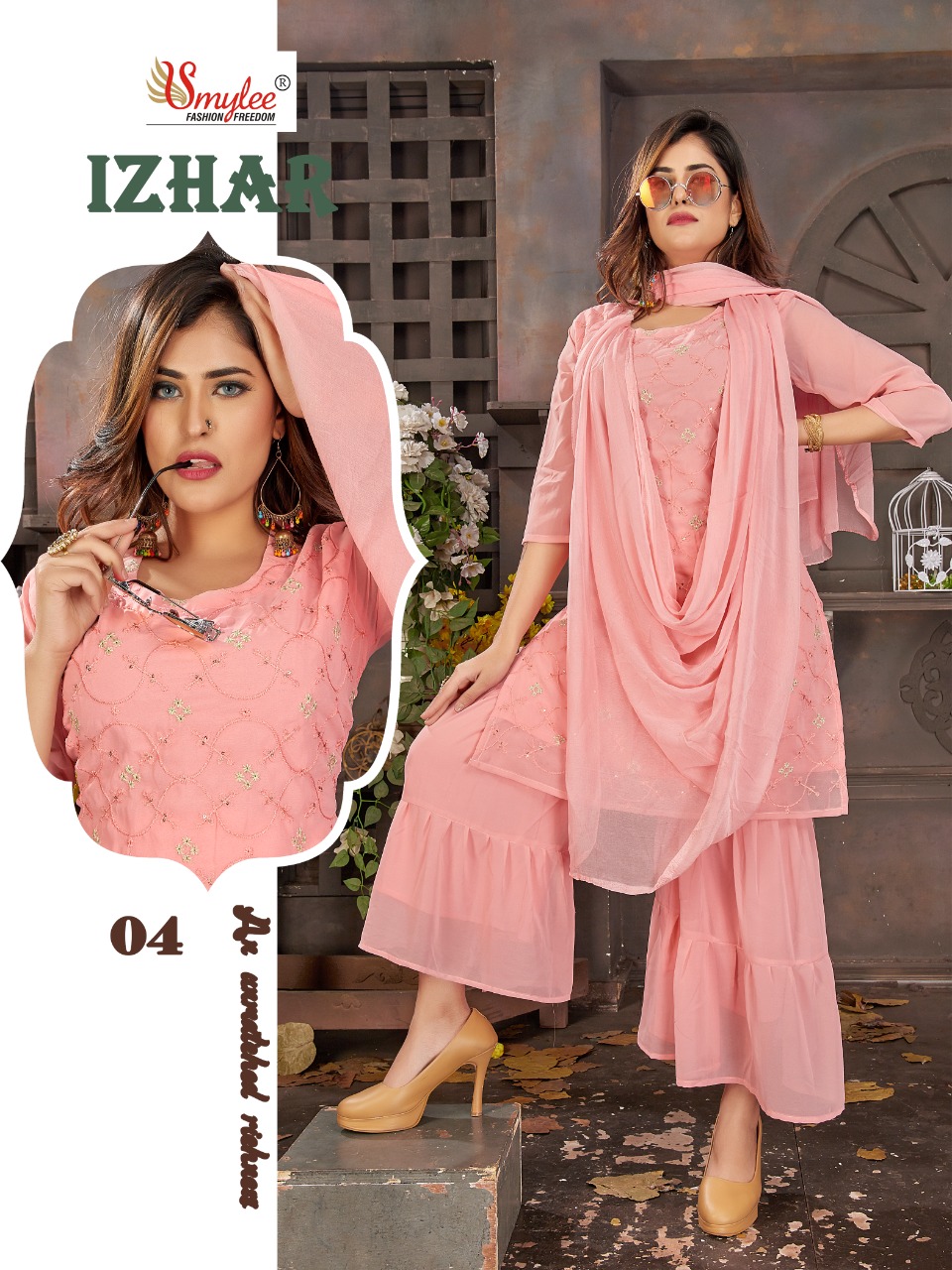 Smylee Fashion Izhaar Chiffon Embroidery Kurtis With Sharara Set Wholesaler Surat