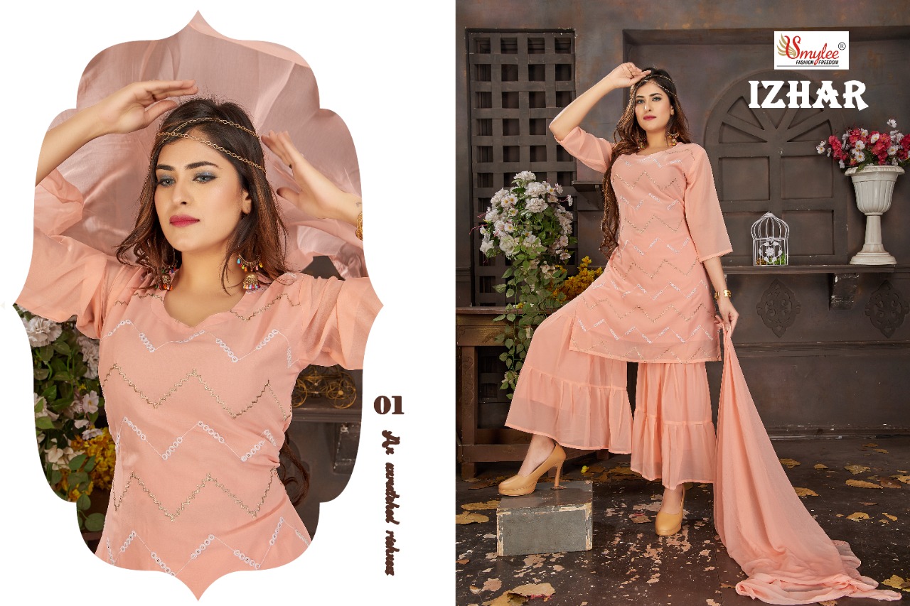 Smylee Fashion Izhaar Chiffon Embroidery Kurtis With Sharara Set Wholesaler Surat