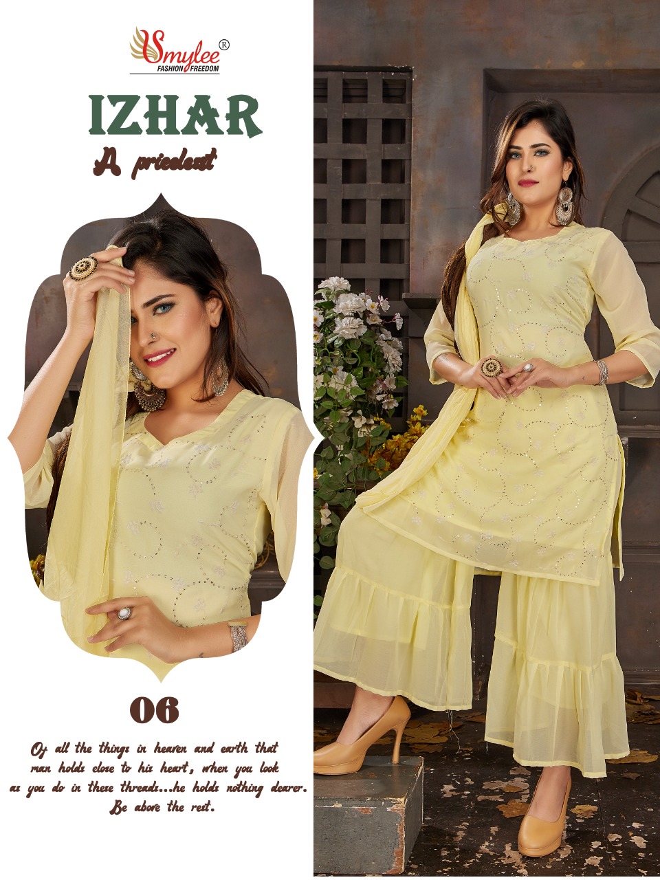 Smylee Fashion Izhaar Chiffon Embroidery Kurtis With Sharara Set Wholesaler Surat