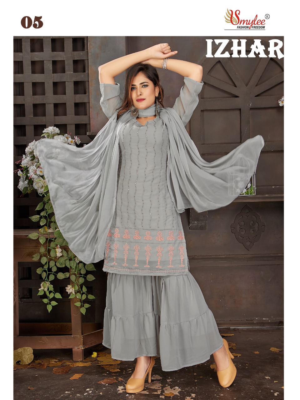 Smylee Fashion Izhaar Chiffon Embroidery Kurtis With Sharara Set Wholesaler Surat