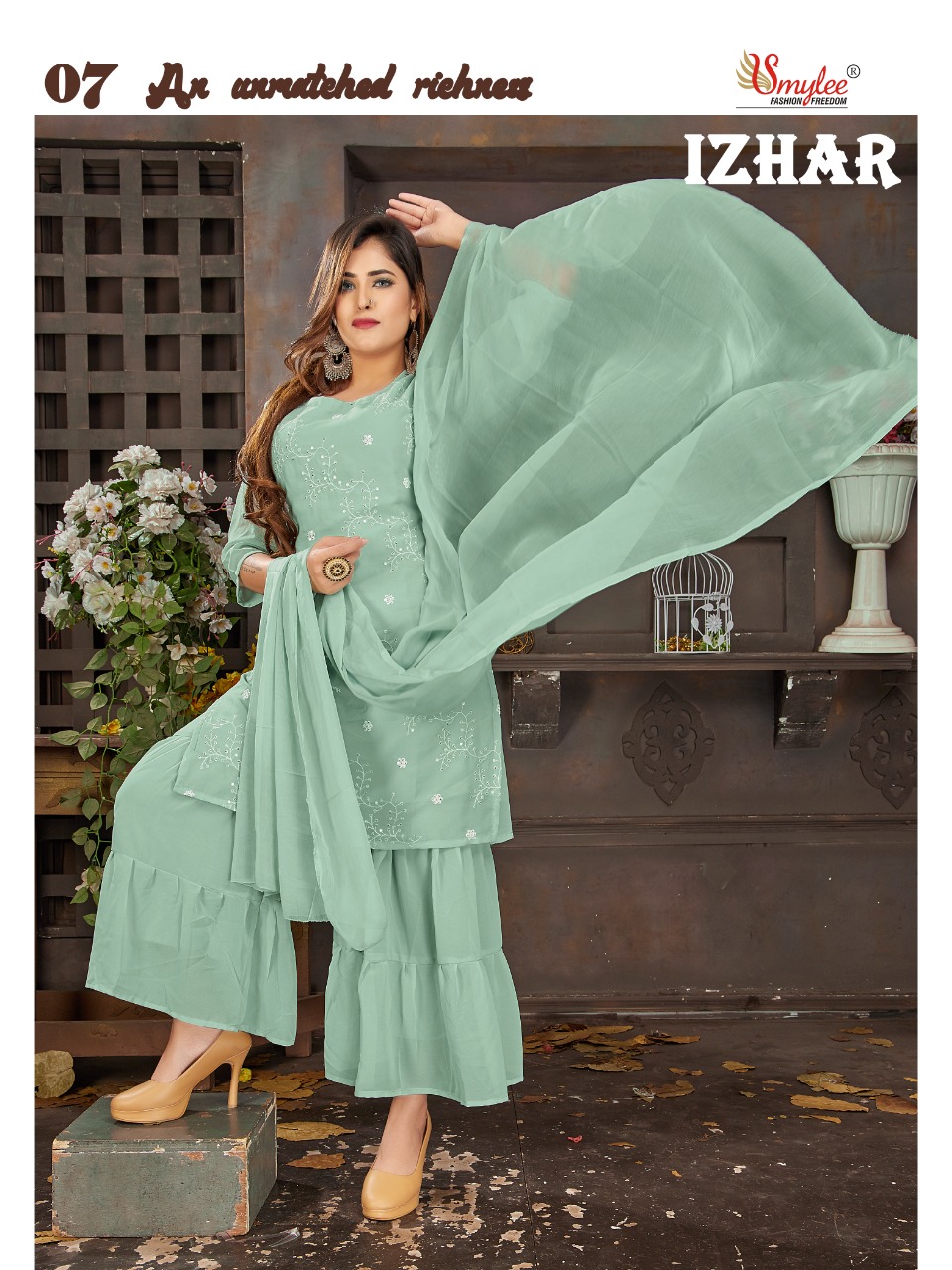 Smylee Fashion Izhaar Chiffon Embroidery Kurtis With Sharara Set Wholesaler Surat