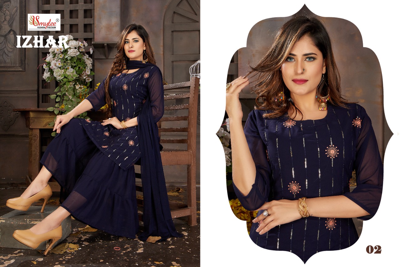 Smylee Fashion Izhaar Chiffon Embroidery Kurtis With Sharara Set Wholesaler Surat