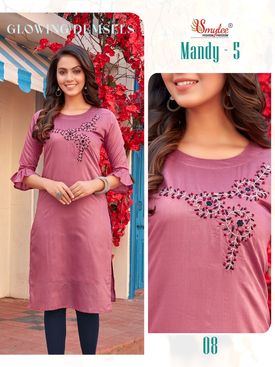 Smylee Fashion Mandy Vol 5 Modal Silk With Fancy Work Kurtis Wholesaler Surat
