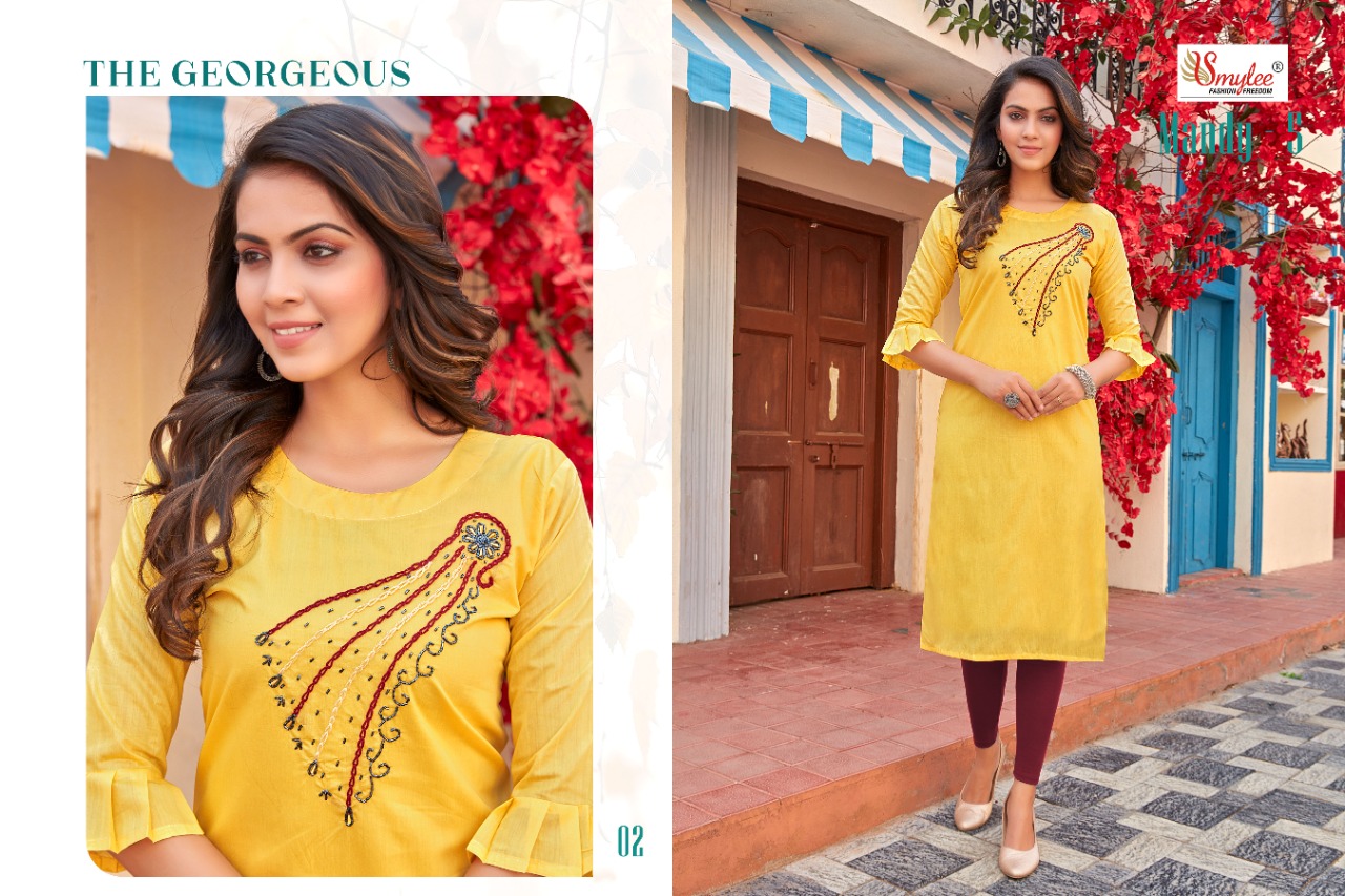 Smylee Fashion Mandy Vol 5 Modal Silk With Fancy Work Kurtis Wholesaler Surat