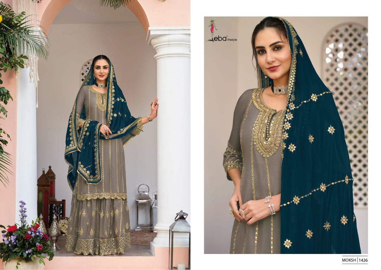 Eba Lifestyle Moksh Vol 1 Fox Georgette Heavy Designer Elegant Suits Wholesaler Surat